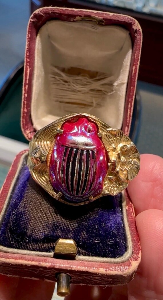 14k Iridescent Favrile Glass Scarab Ring, Scarab Made by Tiffany Studios