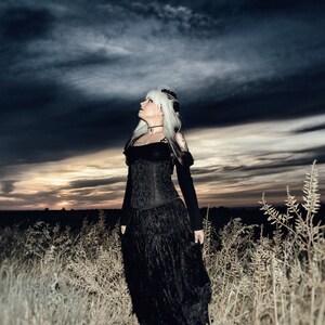 May include: A woman with white hair wearing a black, long-sleeved dress stands in a field of tall grass. The sky behind her is dark with clouds and a sunset.