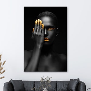 Black and Gold African Woman Canvas Wall Art, Gold Makeup Woman Art Print, Fashion Wall Decoration