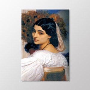 May include: A painting of a woman with dark hair and a white dress. She is wearing a veil and has a peacock feather fan behind her.