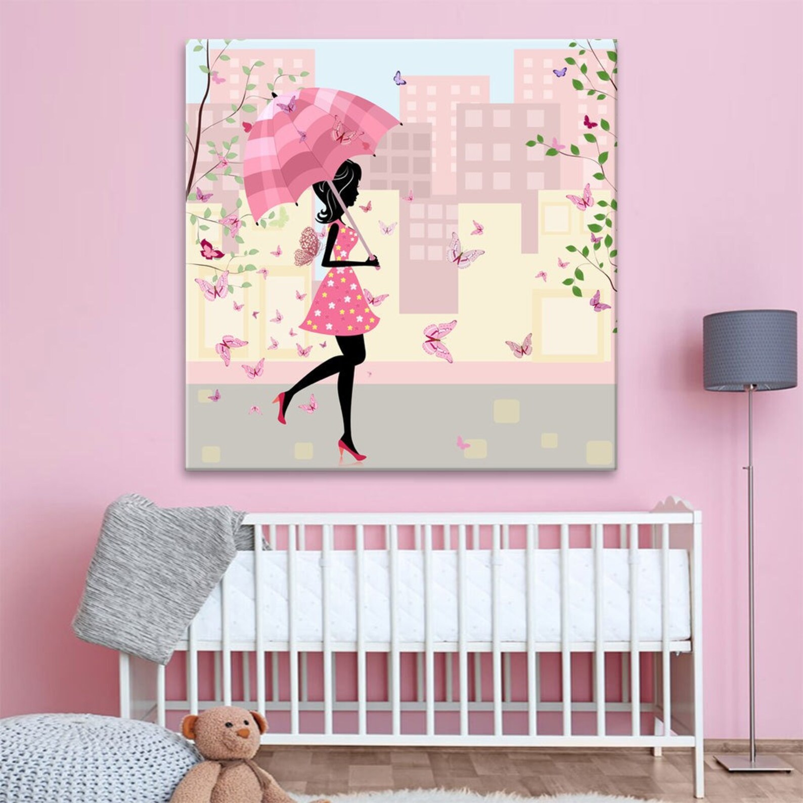Girl's Nursery Beach Wall Art. Pink Surfboard, Bus, Umbrella
