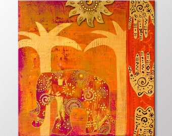Orange Elephant Ethnic Canvas Wall Art