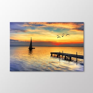 Sunset at the Pier Canvas Wall Art, Sunset Painting Print, Landscape Wall Decoration, Canvas Ready to Hang