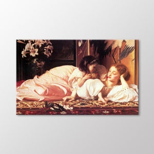 May include: A painting of a woman and a young girl lying on a patterned rug. The woman is wearing a pink dress and has her head resting on her hand. The girl is wearing a white dress and is holding a bowl of fruit. The painting is set in a room with a vase of white flowers in the background.