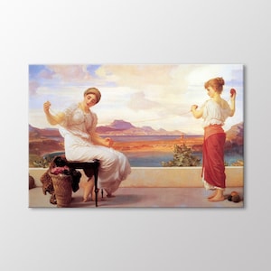 May include: A painting of two women, one seated and one standing, both holding a string connected to a ball of yarn. The seated woman is wearing a white dress and the standing woman is wearing a red dress. The background is a landscape with a body of water and mountains.