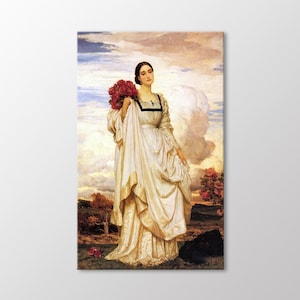 May include: A woman in a white dress with a gold sash holds a bouquet of red roses. She stands in a field with a cloudy sky in the background.