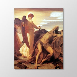 May include: A painting depicting a winged angel with a halo, standing on a rocky shore, offering a bottle to a reclining, nude man. The angel is wearing a flowing white robe and has brown hair. The man is lying on a brown cloth and has a dark beard. The background is a hazy landscape with a blue sky.