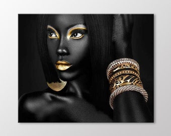 Gold Makeup African Woman Canvas Wall Art, Beautiful Woman Art Print, Ethnic Decoration, Canvas Ready to Hang