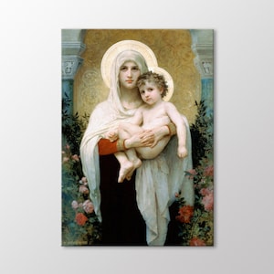 Lienzo decorativo para pared de La Virgen de las Rosas de William BOUGUEREAU, impresión artística La Madone Aux Roses, decoración de pared cristiana