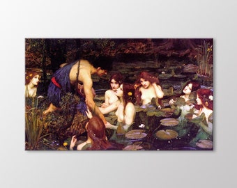 Hylas And The Nymphs by John William Waterhouse Canvas Wall Art, Pre-Raphaelite Woman Painting, Vintage Portrait Art Print Ready to Hang