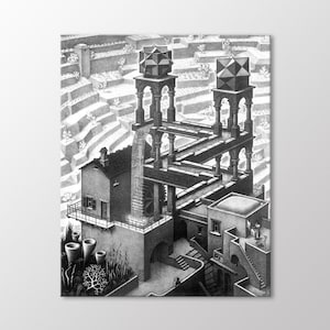 Waterfall by M.C. Escher Canvas Wall Art, Optical Illusion Abstract Print, Impossible Architecture Surrealist Decor for Home or Office