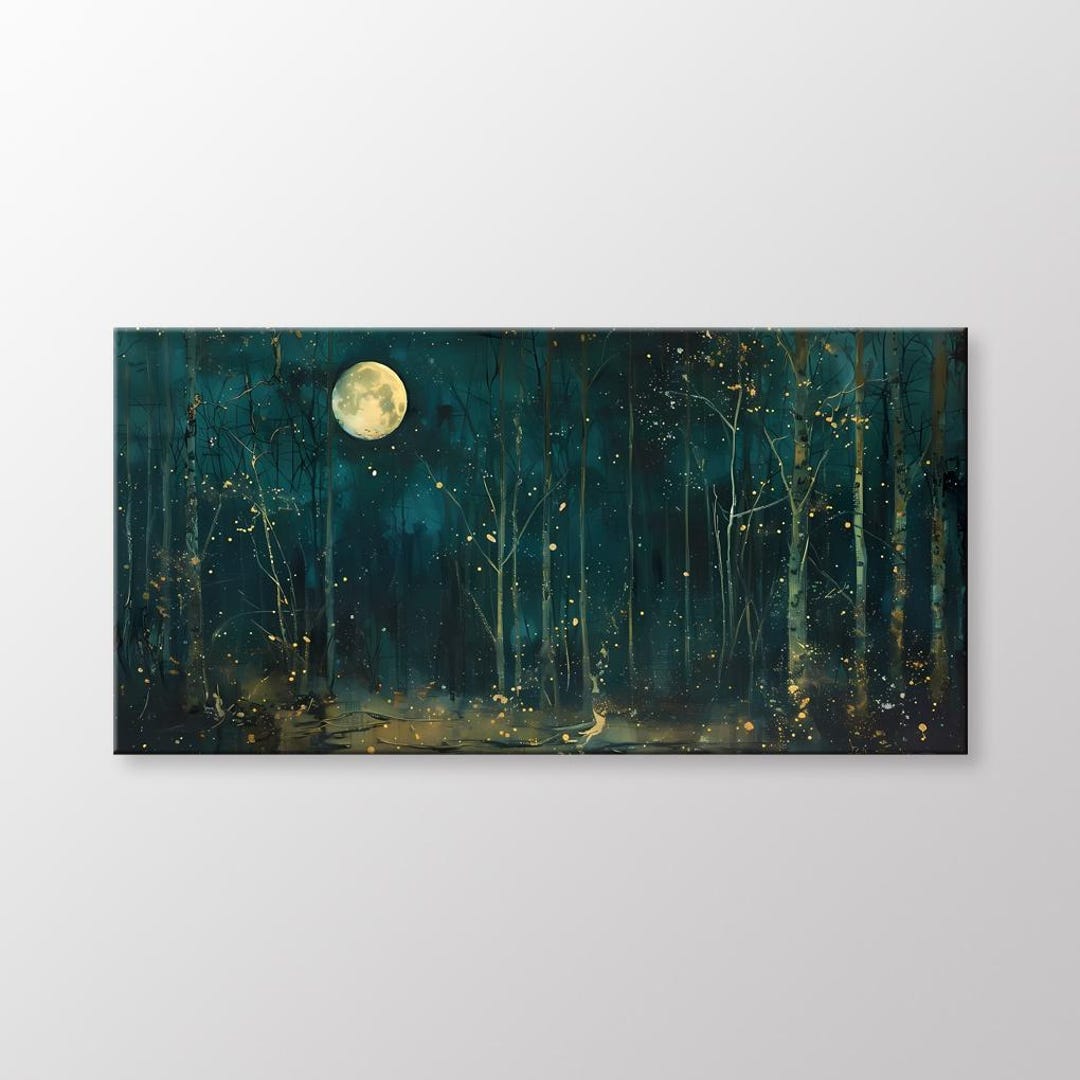 Moon & Stars Canvas Wall Art - Vintage Dark Forest Landscape Canvas ...