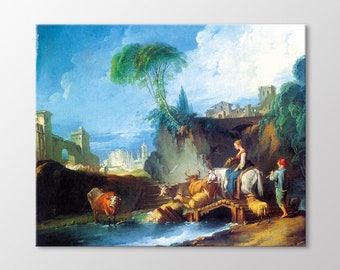 Francois Boucher Crossing the Bridge Canvas Print, French Rococo Landscape Wall Art