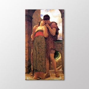 May include: A painting of a couple embracing under an archway. The man is wearing a brown tunic and the woman is wearing a green and gold dress with a red sash. The background is a landscape with a blue sky and white clouds.