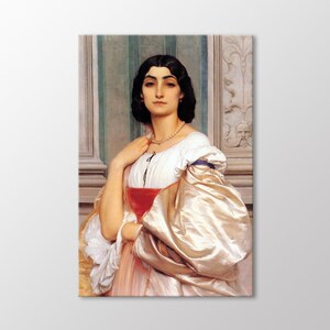 May include: A painting of a woman in a white dress with a red sash and a pearl necklace. She is standing in front of a wall with a decorative design.