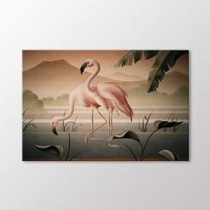 Vintage Flamingo Canvas Wall Art, Moody Antique Bird Artwork, Vintage Bird Art Print, Japanese Flamingo Painting Ready to Hang