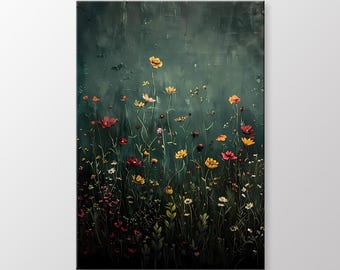 Wildflower Field Canvas Wall Art | Vintage Botanical Landscape Decor for Modern Farmhouse | Floral Print Sign