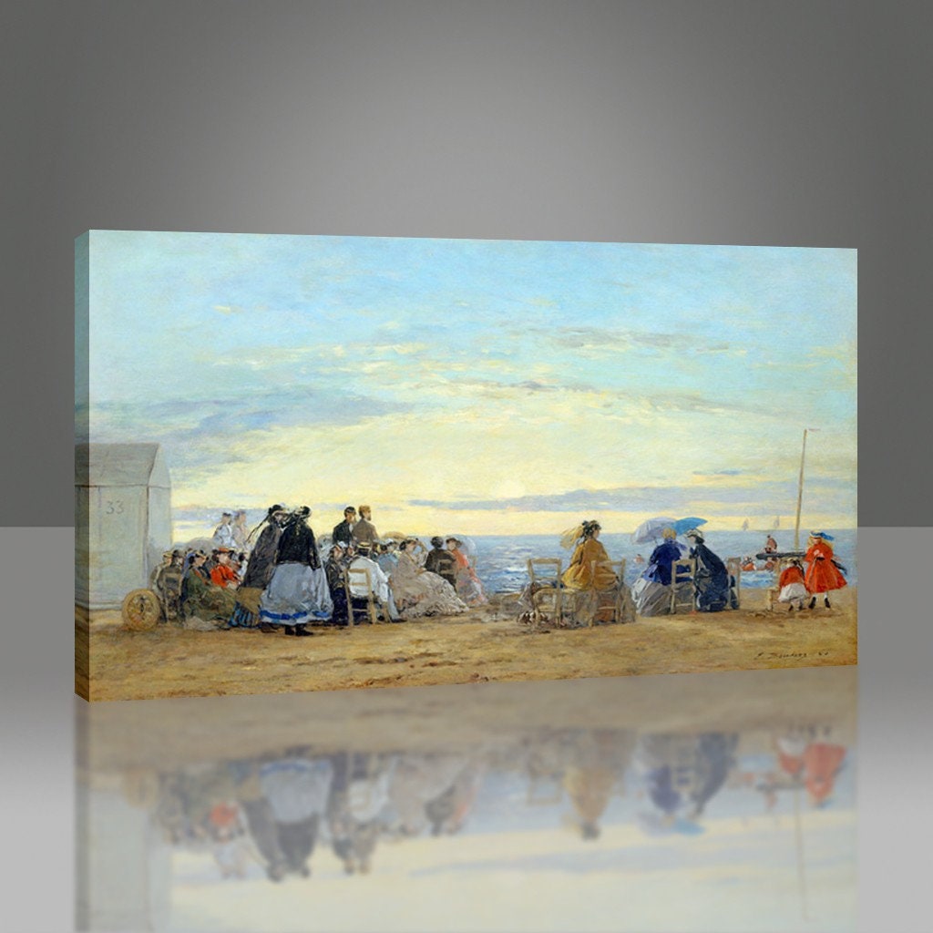 Tableau Toile "Sur La Plage, Coucher De Soleil" D'Eugène Boudin - Cadre Bois - Prêt à Accrocher