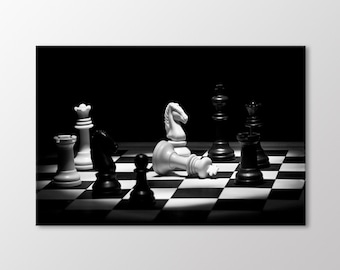 Checkmate Chess Canvas Wall Art, Black and White Art Print, Mancave Wall Decoration, Canvas Ready to Hang