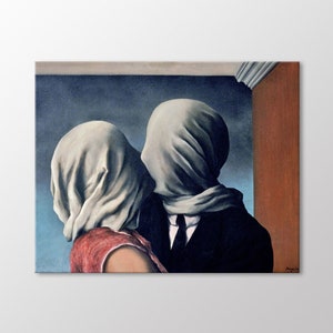 May include: A painting depicting two figures, a man and a woman, standing close together. Their faces are concealed by white cloth, and they are both dressed in dark attire. The background is a dark blue with a touch of orange in the corner.