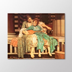 May include: A painting of a woman and a young girl sitting on a bench. The woman is wearing a green and gold dress and the girl is wearing a green dress. The girl is playing a lute.