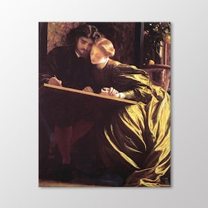 May include: A painting of a couple sitting together, the man is writing on a piece of paper while the woman leans on his shoulder. The woman is wearing a long, flowing green dress and the man is wearing a dark jacket. The painting is set in a dimly lit room with a warm, golden light.
