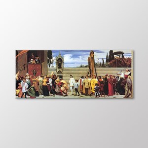 May include: A rectangular canvas print of a historical painting depicting a crowd of people in period clothing. The scene includes a tall structure, a balcony with figures, and a long wall with a blue sky background.