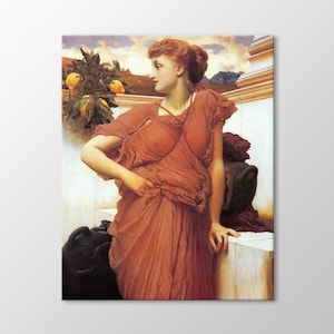 May include: A painting of a woman in a red dress standing in a garden setting. She is looking to the left of the image, and her hair is pulled back in a bun. There are orange trees in the background.