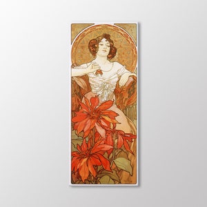 May include: Art Nouveau style print featuring a woman with auburn hair, wearing a white dress, and seated in a chair. Large red flowers are in the foreground. The background has a golden, circular design.