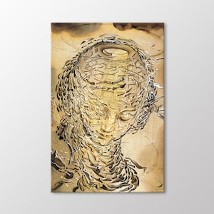 May include: A surrealist painting of a face with a golden, textured surface. The face is surrounded by a swirling, abstract pattern.