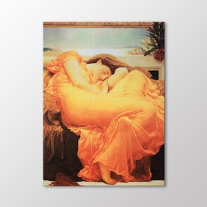 May include: A painting of a woman in a flowing orange gown, sleeping on a couch. The woman's hair is long and dark, and her face is turned to the side. The background is a light blue and white, with a hint of a landscape in the distance.