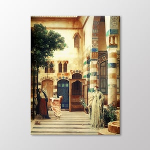 May include: A painting depicting a courtyard scene with three figures. Two women are standing in the foreground, one reaching for a fruit on a tree, while the other holds a bouquet of flowers. A third woman stands in the background, wearing a long robe. The courtyard is decorated with intricate tilework and arches.