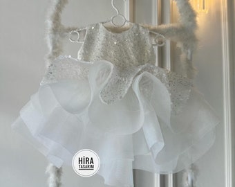 Robe de mariée pour bébé fille tutu avec ruban de paillettes blanches, robe de soirée pour bal d'anniversaire, robe de fille de fleur avec noeud de style princesse, robe bouffante, robe en tulle