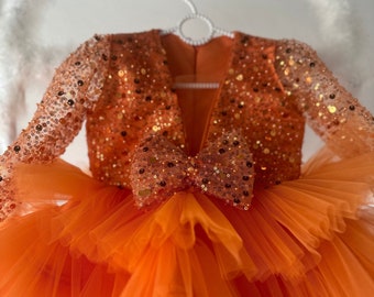 Orange Sequin Tutu Baby Wedding Girl Dress, Birthday Prom Party Dress, Flower Girl Dress, Princess Style Dress, Puffy Girls Tulle Dress