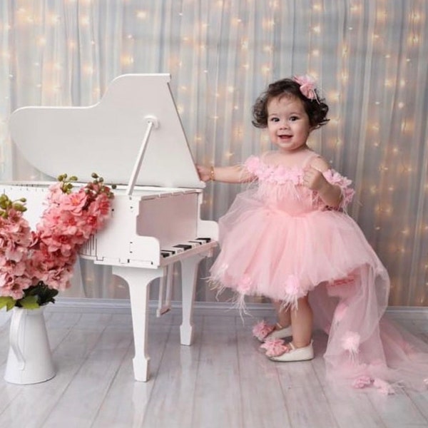 Pink Baby Ribbon Long Train Wedding Girl Dress, Birthday Dress, Prom Party Flower Girl Dress, Princess Style Dress, Puffy Tulle Dress