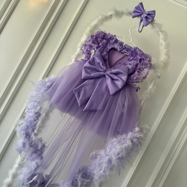 Paarse baby lint veren lange trein bruiloft meisje jurk, verjaardag jurk, prom partij bloemenmeisje jurk, prinses stijl gezwollen tule jurk