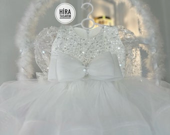 White Sequin Ribbon Tutu Baby Wedding Girl Dress, Birthday Prom Party Dress, Bow Flower Girl Princess Style Dress,Puffy Dress, Tulle Dress