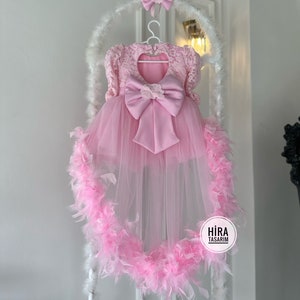 Pink Baby Ribbon Long Train Wedding Girl Dress, Birthday Dress, Prom Party Flower Girl Dress, Princess Style Dress, Puffy Tulle Dress image 1