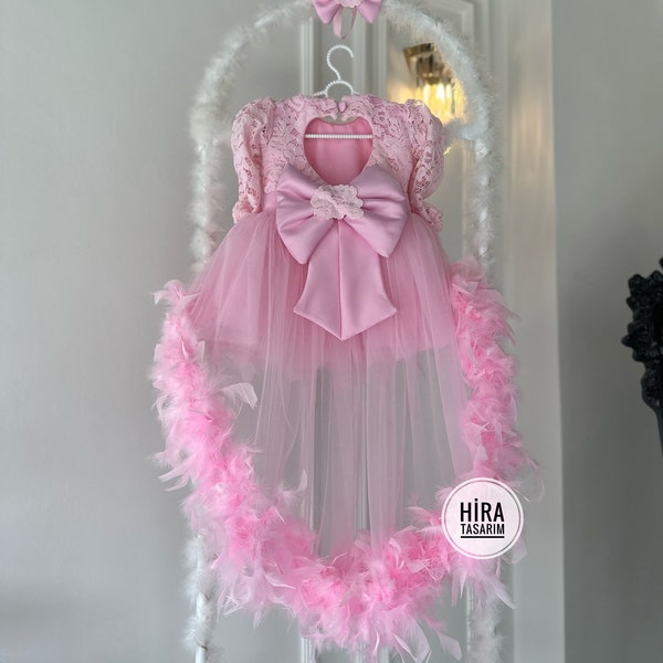 Robe de fille de mariage de ruban de bébé rose Long Train, robe d'anniversaire, robe de demoiselle d'honneur de fête de bal, robe de style princesse, robe de tulle gonflée