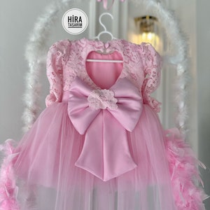 Pink Baby Ribbon Long Train Wedding Girl Dress, Birthday Dress, Prom Party Flower Girl Dress, Princess Style Dress, Puffy Tulle Dress image 2