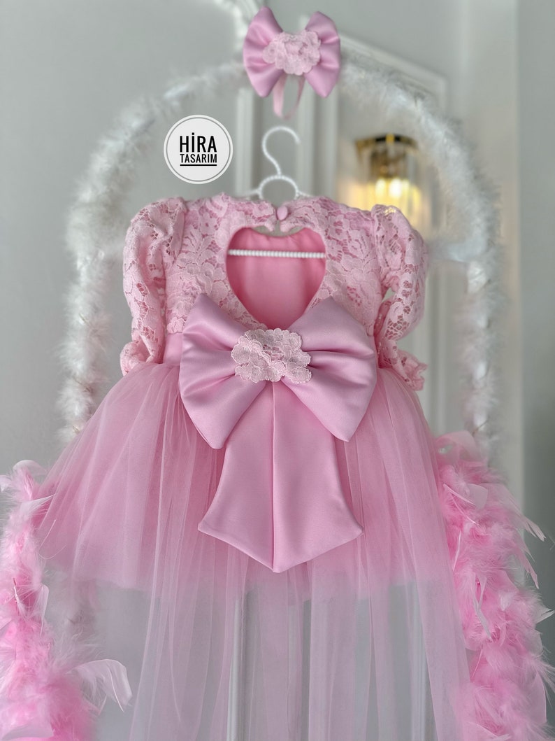 Pink Baby Ribbon Long Train Wedding Girl Dress, Birthday Dress, Prom Party Flower Girl Dress, Princess Style Dress, Puffy Tulle Dress image 2