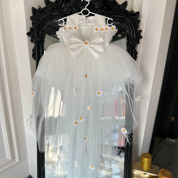 White Baby Ribbon Long Train Wedding Girl Dress, Birthday Dress, Prom Party Flower Girl Dress, Princess Style Dress, Puffy Tulle Dress