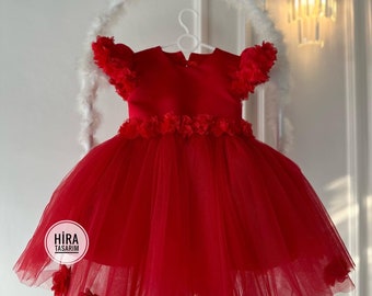 Red Ribbon Baby Wedding Girl Dress, Birthday Tutu Dress, Prom Party Flower Girl Dress, Bow Princess Style Dress, Puffy Dress, Tulle Dress