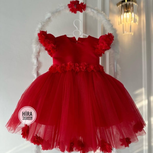Robe de fille de mariage de bébé de ruban rouge, robe de tutu d'anniversaire, robe de fille de fleur de partie de bal, robe de modèle de princesse d'arc, robe bouffante, robe de tulle