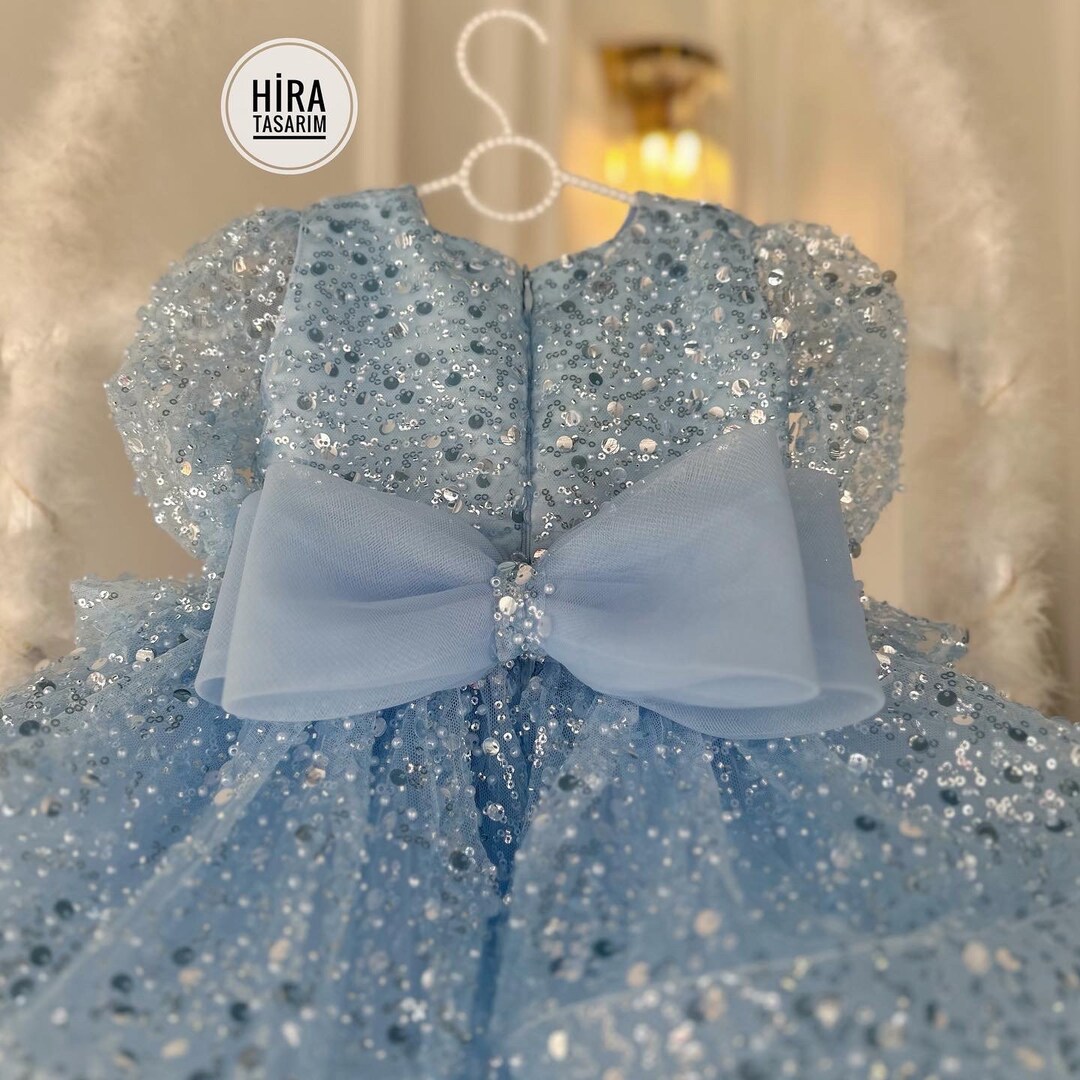 Blue Sequin Baby Girl Wedding Dress, Birthday Pearl Stone Tutu Dress