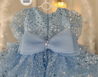 Robe de mariée bleue pailletée pour bébé fille, anniversaire, robe tutu en pierre perlée, tenue d'anniversaire, robe de style princesse, robe bouffante, robe en tulle