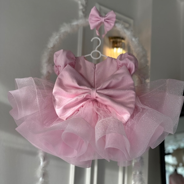 Robe de mariée rose bébé ruban tutu, robe d'anniversaire, robe de bal de promo de fille de fleur d'or, robe de style princesse, robe bouffante, robe en tulle