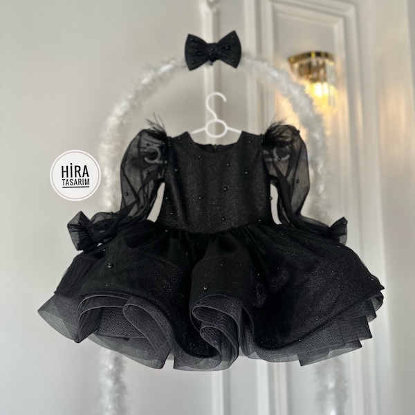 Black Gothic Baby Wedding Girl Dress, Wednesday Dress, Birthday Tutu Dress, Prom, Bow Princess Style Dress, Puffy Tulle Dress