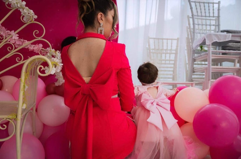 Pink Baby Ribbon Long Train Wedding Girl Dress, Birthday Dress, Prom Party Flower Girl Dress, Princess Style Dress, Puffy Tulle Dress image 4