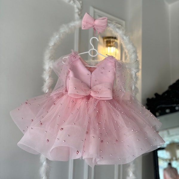 Robe de princesse rose, tutu bébé, robe de mariée pour fille, robe d'anniversaire, robe de bal de promo de fille de fleur d'oranger, robe de style princesse, robe bouffante